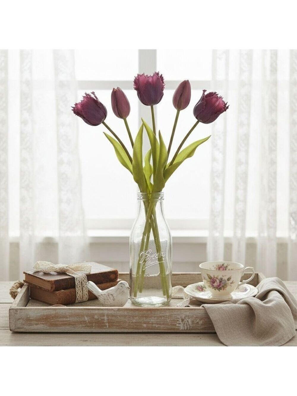 Plum Purple Artificial Tulips 15 Inch Set of 5 Faux Spring Flowers Wedding Home - Picture 4 of 7